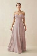A-Line Off-the-Shoulder Chiffon Bridesmaid Dress in Toffee - KissProm BRIDESMAID DRESSES