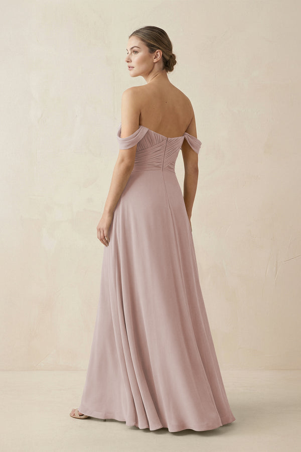 A-Line Off-the-Shoulder Chiffon Bridesmaid Dress in Toffee - KissProm BRIDESMAID DRESSES