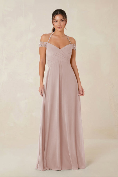 A-Line Off-the-Shoulder Chiffon Bridesmaid Dress in Toffee - KissProm BRIDESMAID DRESSES