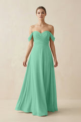 A-Line Off-the-Shoulder Chiffon Bridesmaid Dress in Turquoise - KissProm BRIDESMAID DRESSES