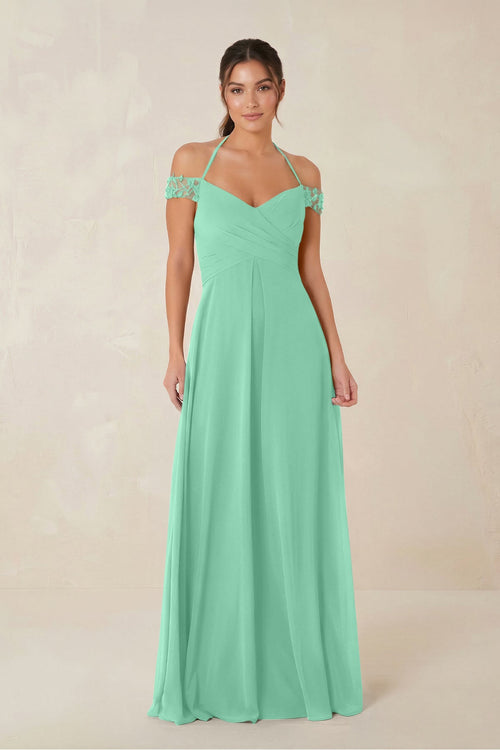 A-Line Off-the-Shoulder Chiffon Bridesmaid Dress in Turquoise - KissProm BRIDESMAID DRESSES
