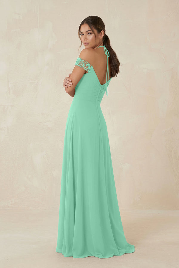 A-Line Off-the-Shoulder Chiffon Bridesmaid Dress in Turquoise - KissProm BRIDESMAID DRESSES