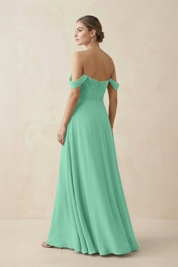 A-Line Off-the-Shoulder Chiffon Bridesmaid Dress in Turquoise - KissProm BRIDESMAID DRESSES