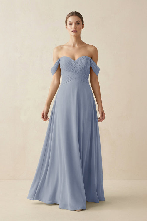 A-Line Off-the-Shoulder Chiffon Bridesmaid Dress in Twilight - KissProm BRIDESMAID DRESSES