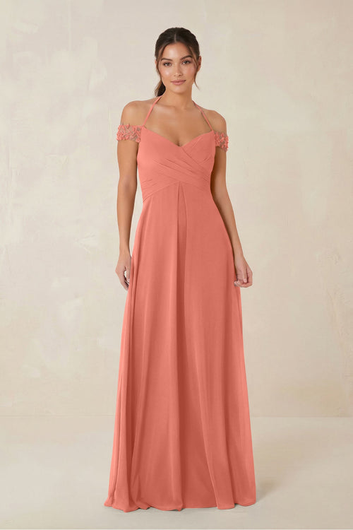 A-Line Off-the-Shoulder Chiffon Bridesmaid Dress in Wild Rose - KissProm BRIDESMAID DRESSES