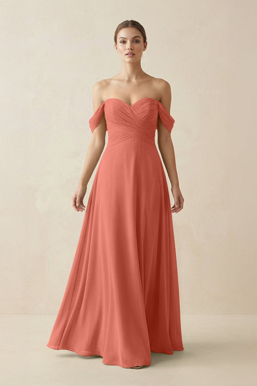 A-Line Off-the-Shoulder Chiffon Bridesmaid Dress in Wild Rose - KissProm BRIDESMAID DRESSES