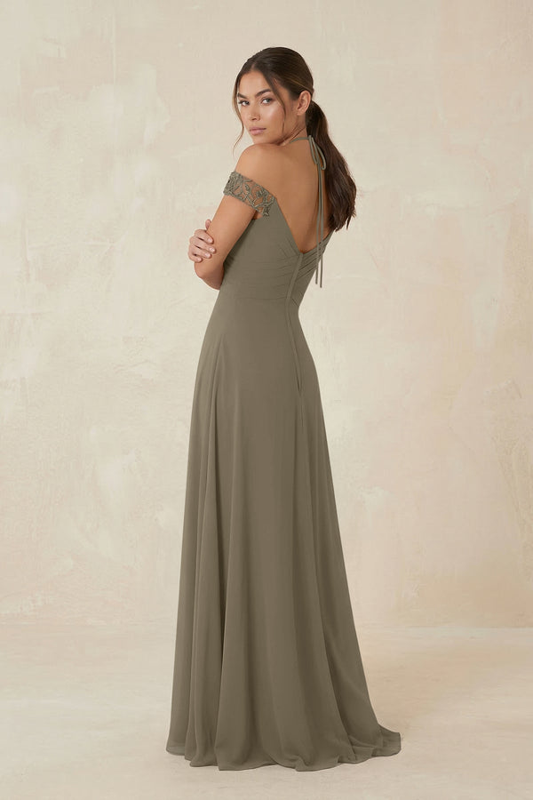 A-Line Off-the-Shoulder Chiffon Bridesmaid Dress in Willow Green - KissProm BRIDESMAID DRESSES