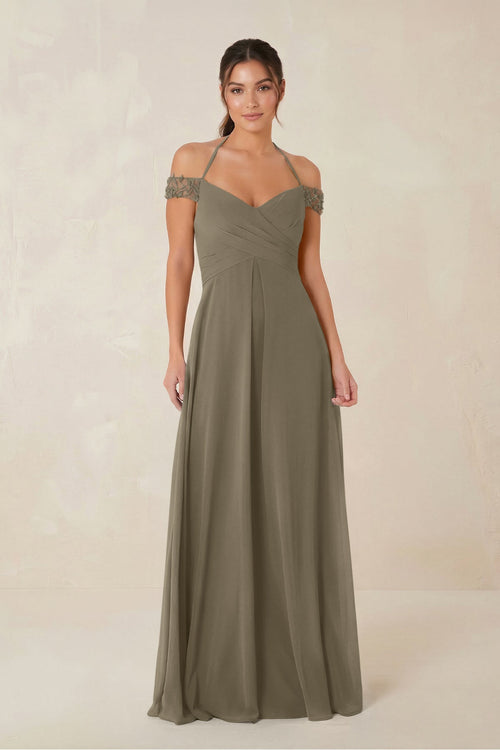 A-Line Off-the-Shoulder Chiffon Bridesmaid Dress in Willow Green - KissProm BRIDESMAID DRESSES