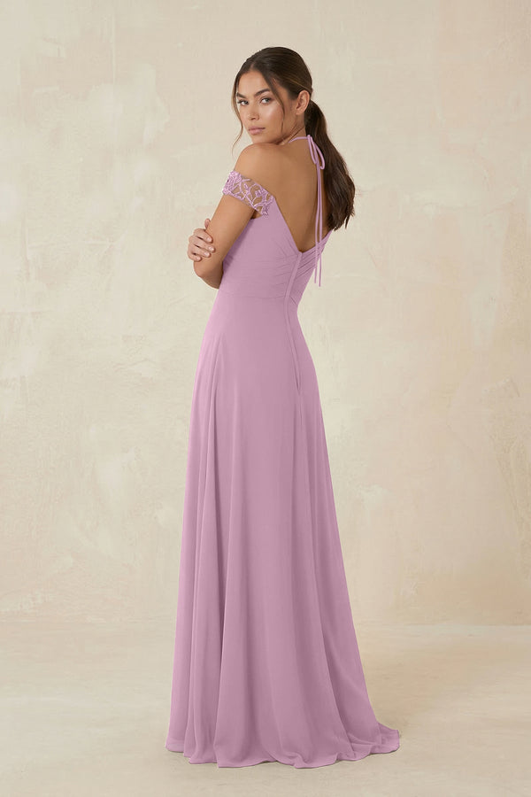 A-Line Off-the-Shoulder Chiffon Bridesmaid Dress in Wisteria - KissProm BRIDESMAID DRESSES