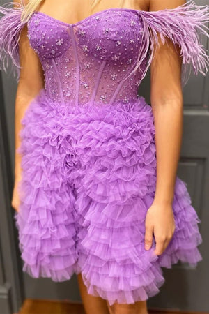 Olivia | A Line Off the Shoulder Light Blue Short Homecoming Dress with Feather