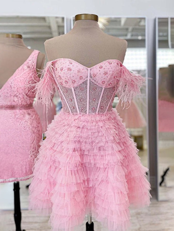 Olivia | A Line Off the Shoulder Light Blue Short Homecoming Dress with Feather