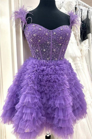 Olivia | A Line Off the Shoulder Light Blue Short Homecoming Dress with Feather