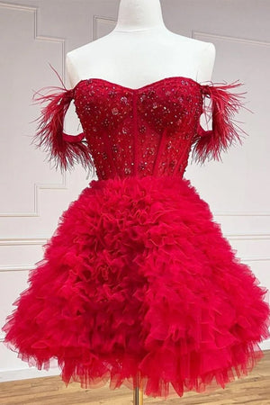 Olivia | A Line Off the Shoulder Light Blue Short Homecoming Dress with Feather