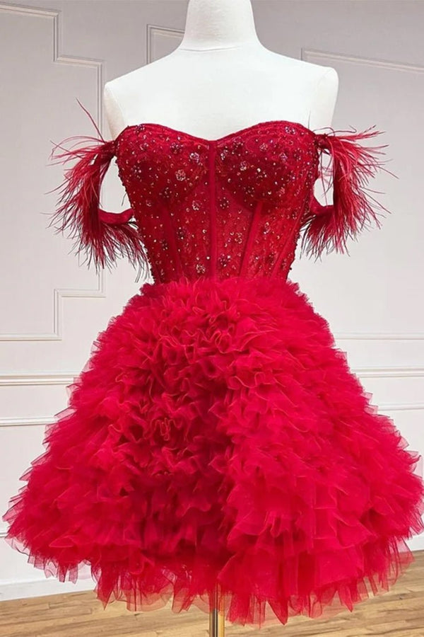 Olivia | A Line Off the Shoulder Light Blue Short Homecoming Dress with Feather