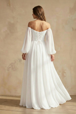 A-Line Off-the-Shoulder Long Sleeves Chiffon Floor-Length Wedding Dress-KissProm