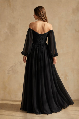 A-Line Off-the-Shoulder Long Sleeves Chiffon Floor-Length Wedding Dress