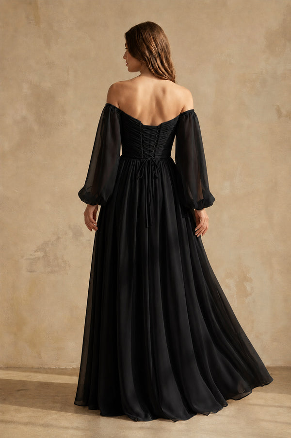 A-Line Off-the-Shoulder Long Sleeves Chiffon Floor-Length Wedding Dress