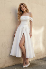 A-Line Off-The-Shoulder Sleeveless Tea-Length Organza Wedding Dresses