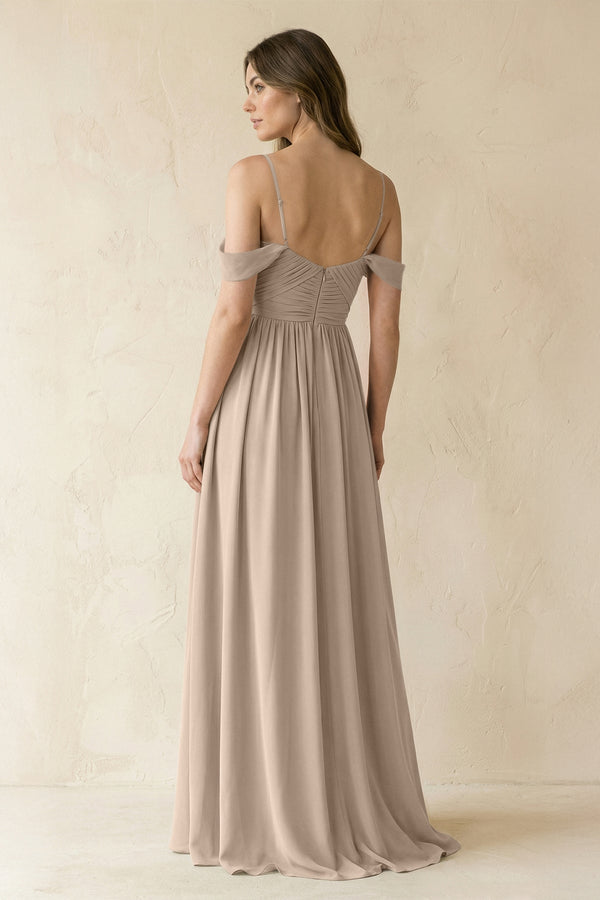 A-Line Off-the-Shoulder Pleated Chiffon Bridesmaid Dress in Almond - KissProm BRIDESMAID DRESSES
