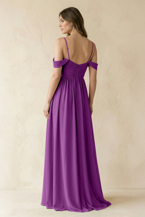 A-Line Off-the-Shoulder Pleated Chiffon Bridesmaid Dress in Amethyst - KissProm BRIDESMAID DRESSES