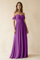 A-Line Off-the-Shoulder Pleated Chiffon Bridesmaid Dress in Amethyst - KissProm BRIDESMAID DRESSES