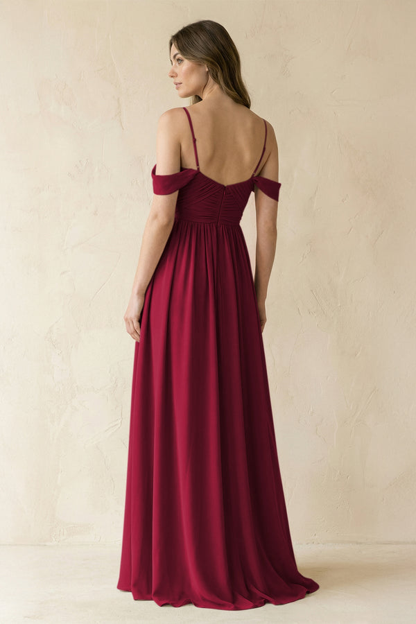 A-Line Off-the-Shoulder Pleated Chiffon Bridesmaid Dress in Berry - KissProm BRIDESMAID DRESSES