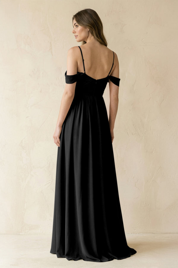A-Line Off-the-Shoulder Pleated Chiffon Bridesmaid Dress in Black - KissProm BRIDESMAID DRESSES