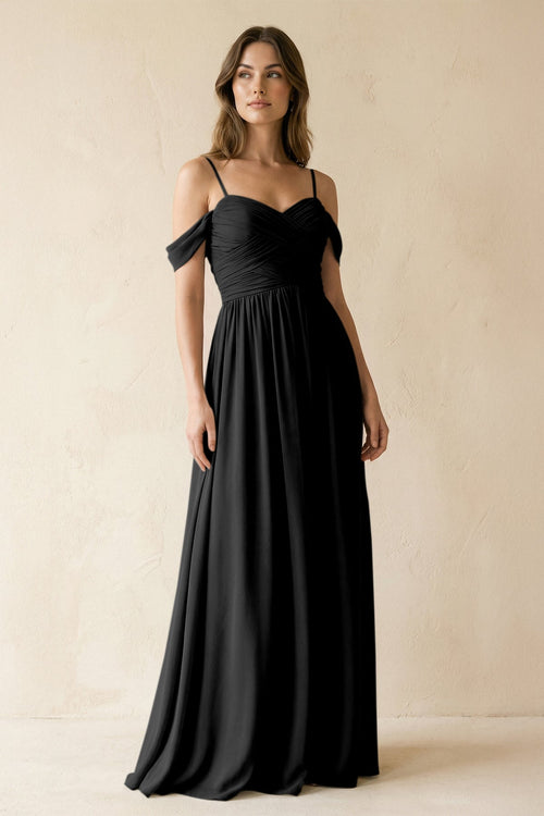 A-Line Off-the-Shoulder Pleated Chiffon Bridesmaid Dress in Black - KissProm BRIDESMAID DRESSES