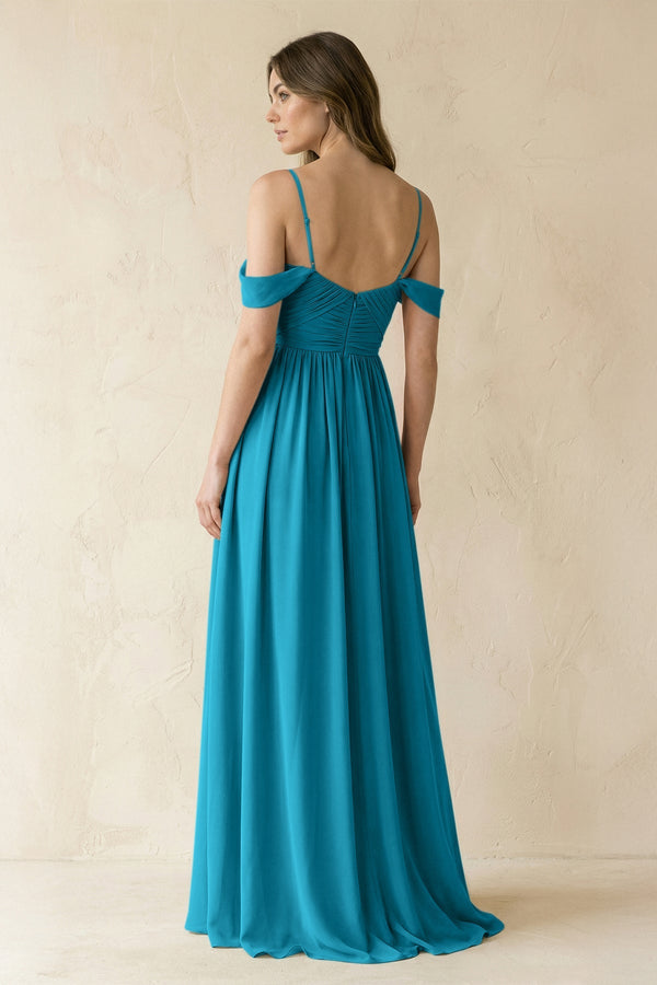 A-Line Off-the-Shoulder Pleated Chiffon Bridesmaid Dress in Blue Jay - KissProm BRIDESMAID DRESSES