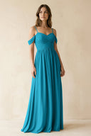A-Line Off-the-Shoulder Pleated Chiffon Bridesmaid Dress in Blue Jay - KissProm BRIDESMAID DRESSES