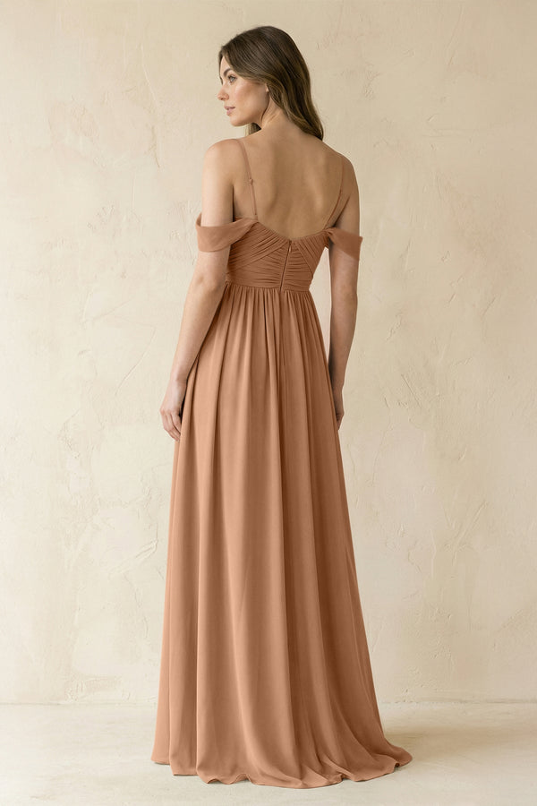 A-Line Off-the-Shoulder Pleated Chiffon Bridesmaid Dress in Bronzer - KissProm BRIDESMAID DRESSES
