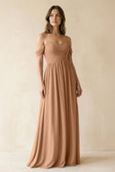 A-Line Off-the-Shoulder Pleated Chiffon Bridesmaid Dress in Bronzer - KissProm BRIDESMAID DRESSES