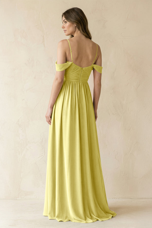 A-Line Off-the-Shoulder Pleated Chiffon Bridesmaid Dress in Buttercup - KissProm BRIDESMAID DRESSES