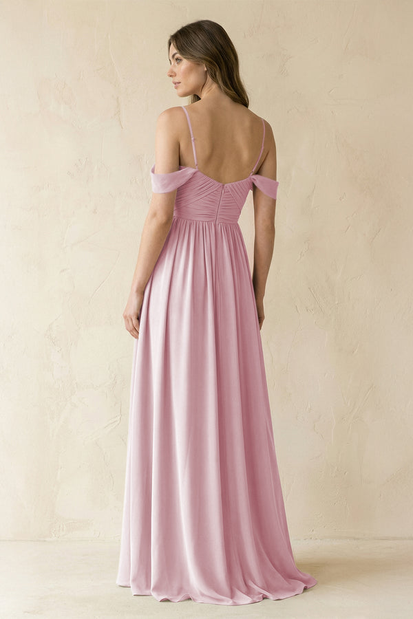 A-Line Off-the-Shoulder Pleated Chiffon Bridesmaid Dress in Candy Pink - KissProm BRIDESMAID DRESSES