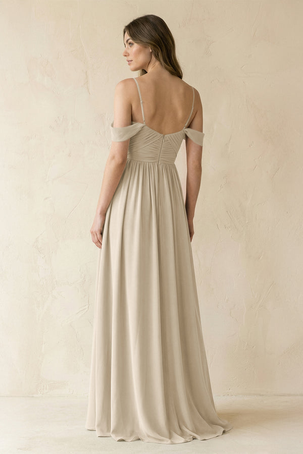 A-Line Off-the-Shoulder Pleated Chiffon Bridesmaid Dress in Champagne - KissProm BRIDESMAID DRESSES
