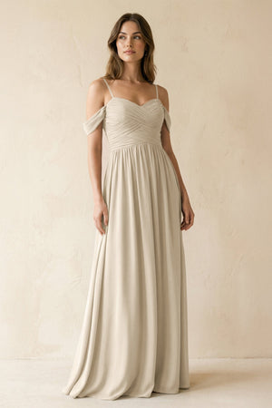 A-Line Off-the-Shoulder Pleated Chiffon Bridesmaid Dress in Champagne - KissProm BRIDESMAID DRESSES