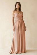 A-Line Off-the-Shoulder Pleated Chiffon Bridesmaid Dress in Champagne Rose - KissProm BRIDESMAID DRESSES
