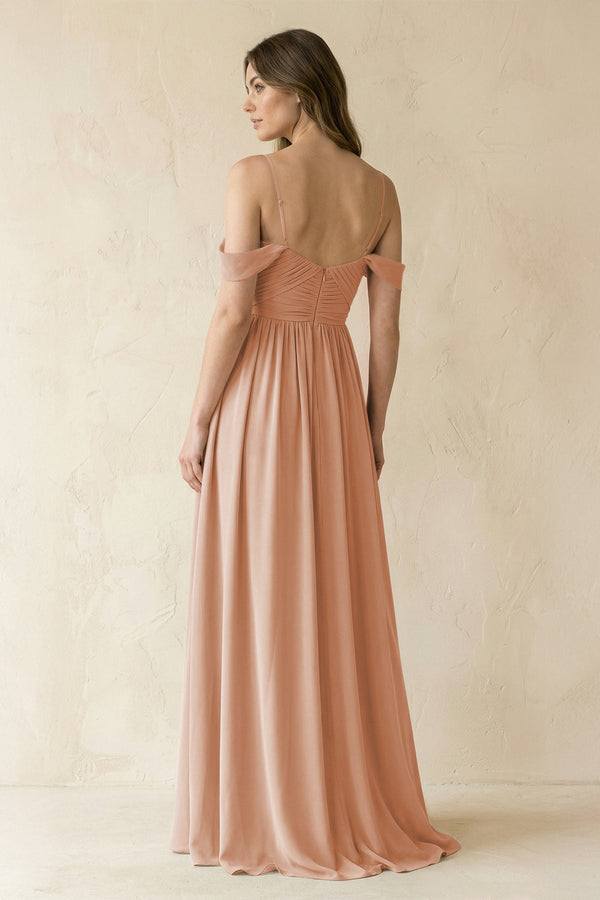 A-Line Off-the-Shoulder Pleated Chiffon Bridesmaid Dress in Champagne Rose - KissProm BRIDESMAID DRESSES