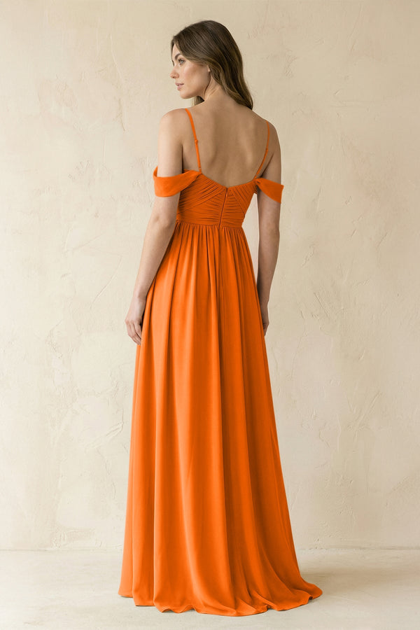 A-Line Off-the-Shoulder Pleated Chiffon Bridesmaid Dress in Cinnamon - KissProm BRIDESMAID DRESSES