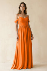 A-Line Off-the-Shoulder Pleated Chiffon Bridesmaid Dress in Cinnamon - KissProm BRIDESMAID DRESSES