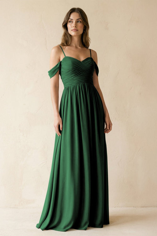 A-Line Off-the-Shoulder Pleated Chiffon Bridesmaid Dress in Dark Green - KissProm BRIDESMAID DRESSES