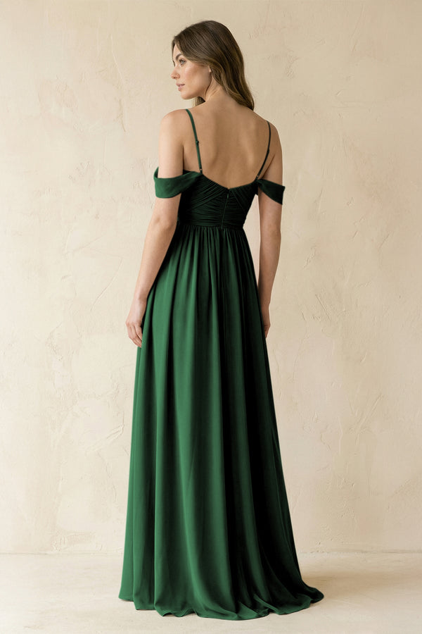 A-Line Off-the-Shoulder Pleated Chiffon Bridesmaid Dress in Dark Green - KissProm BRIDESMAID DRESSES