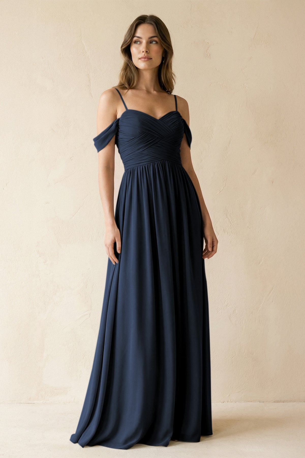 KissProm A-Line Off-the-Shoulder Pleated Chiffon Bridesmaid Dress in Dark Navy, Dark Navy / 22