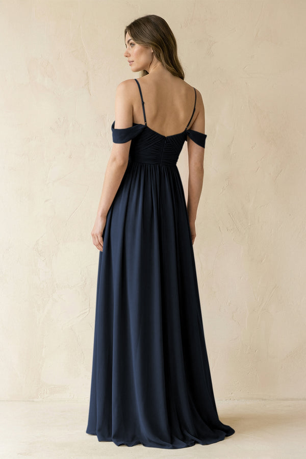 A-Line Off-the-Shoulder Pleated Chiffon Bridesmaid Dress in Dark Navy - KissProm BRIDESMAID DRESSES