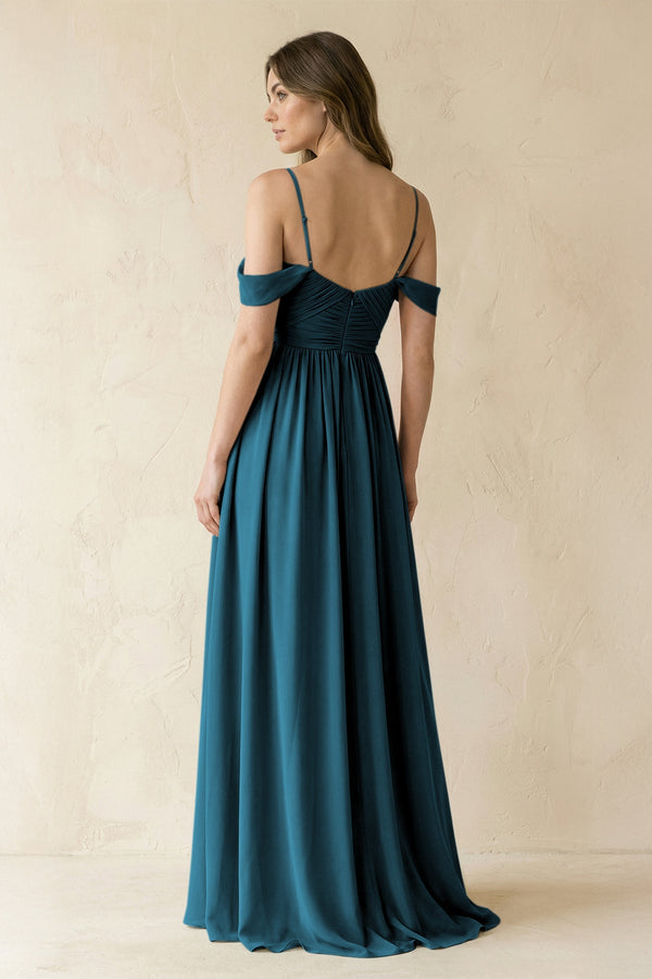 A-Line Off-the-Shoulder Pleated Chiffon Bridesmaid Dress in Dark Teal - KissProm BRIDESMAID DRESSES