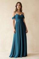 A-Line Off-the-Shoulder Pleated Chiffon Bridesmaid Dress in Dark Teal - KissProm BRIDESMAID DRESSES