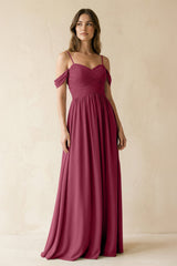 A-Line Off-the-Shoulder Pleated Chiffon Bridesmaid Dress in Desert Rose - KissProm BRIDESMAID DRESSES