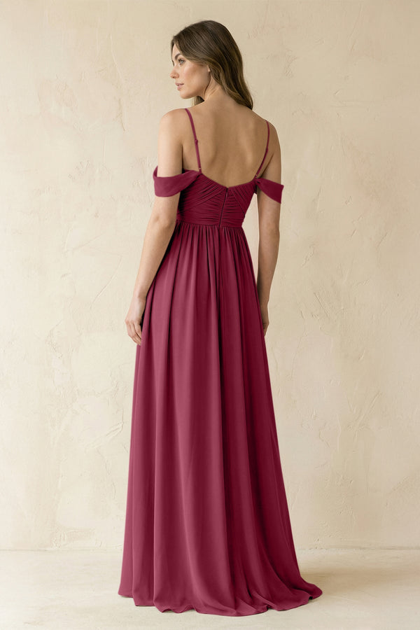 A-Line Off-the-Shoulder Pleated Chiffon Bridesmaid Dress in Desert Rose - KissProm BRIDESMAID DRESSES