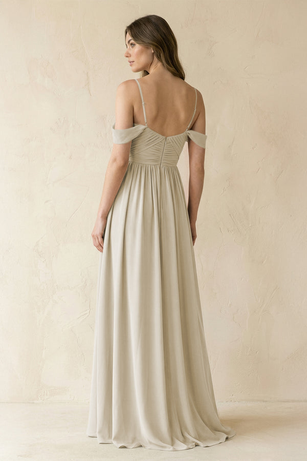A-Line Off-the-Shoulder Pleated Chiffon Bridesmaid Dress in Dove Gray - KissProm BRIDESMAID DRESSES