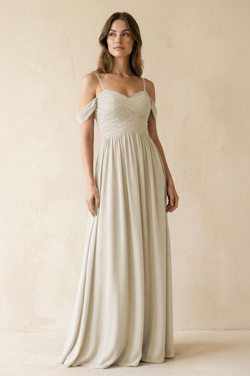 A-Line Off-the-Shoulder Pleated Chiffon Bridesmaid Dress in Dove Gray - KissProm BRIDESMAID DRESSES